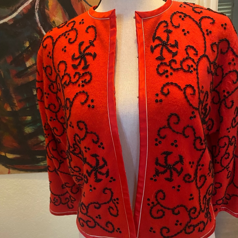 Christmas Sweater in Holiday Red with Black Beading 